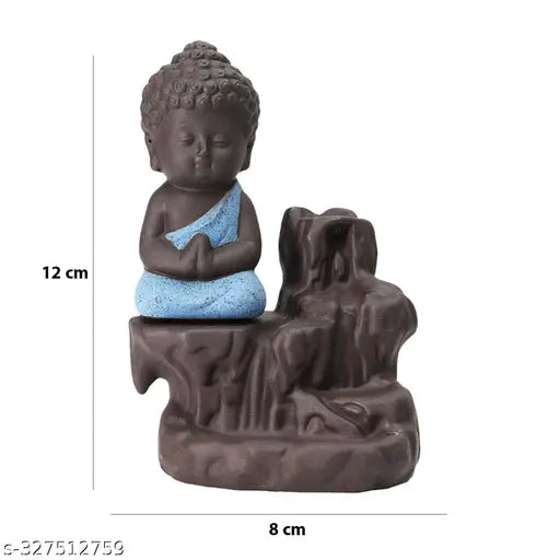 Meditating Monk Blue & Black Resin Buddha Statue with Smoke Backflow Incense Holder, 10cm x 10cm x 10cm size, includes 11 free scented cones