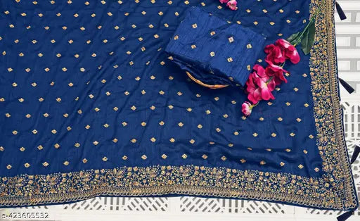 Vichitra Silk embroidered saree and Bangalori Silk blouse with heavy stone work, Indian free-size trending outfit