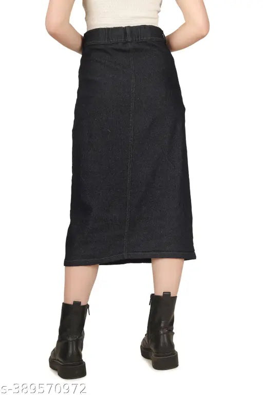 Long black denim skirt with button closure, women's split side design