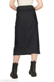 Long black denim skirt with button closure, women's split side design