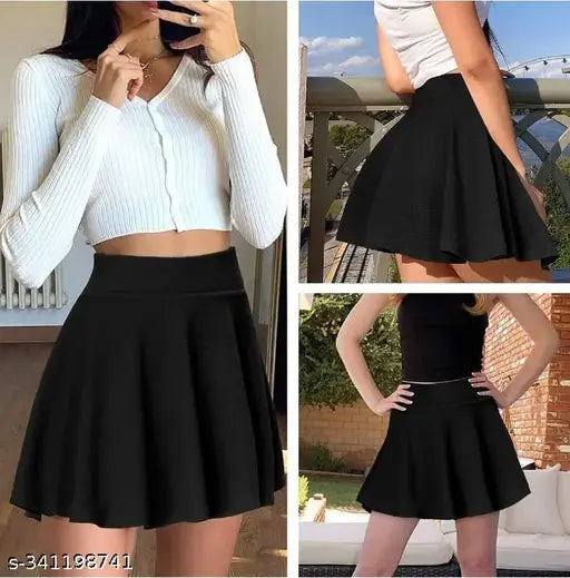 Polycotton stretchy skater skirt with attached inner shorts and flared inskirt, perfect for active wear. Solid color, wide waistband for added comfort. Size options: 26, 28, 30, 32, 34, 36 (inches). Made in India