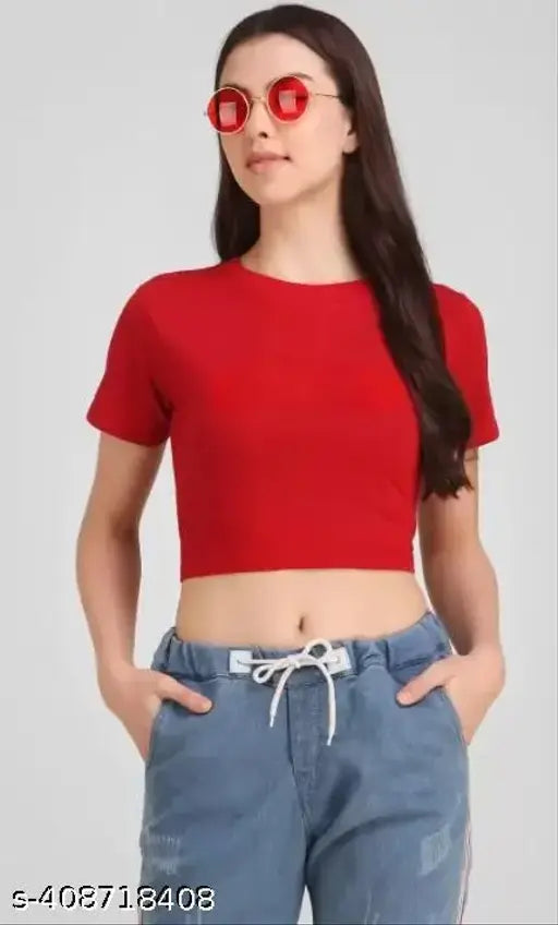 Red cotton blend crop top with printed net pattern for women's solid round neck short sleeves, size N from India