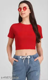 Red cotton blend crop top with printed net pattern for women's solid round neck short sleeves, size N from India