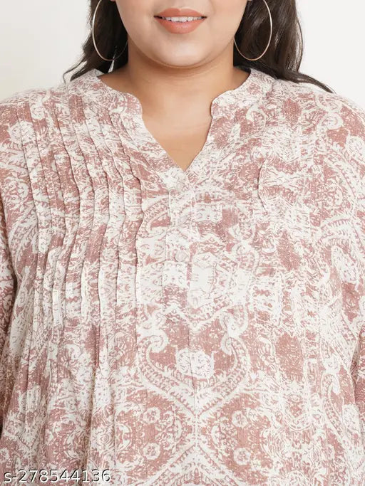 Brown & white abstract printed plus size mandarin collar top in viscose rayon fabric, three-quarter sleeves, button closure - India origin