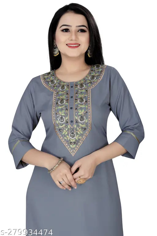 Grey poly blend sequin embroidered straight kurti palazzo set for women, solid net pattern on display