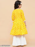 Fancy yellow rayon anarkali kurta & sharara set with lacework, printed three-quarter sleeves for girls aged 4-5 years