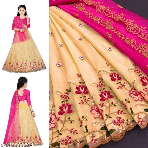 Embroidered net kids lehenga with semi stitch net fabric, cut work border. Dupion silk blouse and net dupatta with embroidery work. Indian traditional wear for ages 8-12 years, waist size 30-31 inches, height 35-36 inches