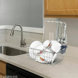 Stainless steel dish drainer rack in kitchen, featuring a hanger and spoon holder