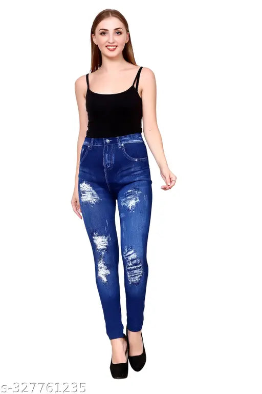 Blue Printed Denim Look Jegging, women's/girls stretchable cotton-poly blend fabric, 4-way stretch, perfect fit from toes to waist, model height 5.10 ft, waist 30 inches, size M, made in India