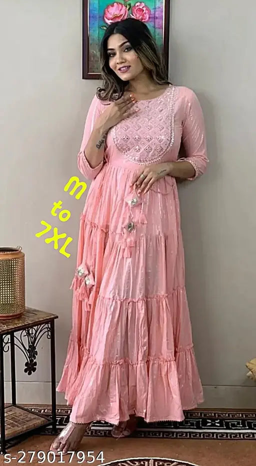 Pink embroidered viscose rayon anarkali kurtas, three-quarter sleeves, India-made