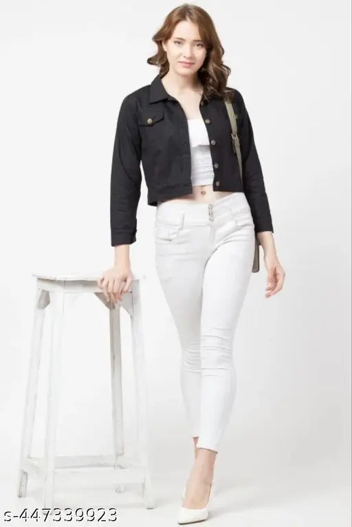 Black cotton blend women's casual fit jacket, solid design, long sleeves - size S (36in bust, 18in length, 32in waist, 32in hip, 28in shoulder)