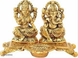 Gold-plated Metal Laxmi Ganesh with Diya Statue Idol Murti, traditional Indian decorative showpiece - 15cm