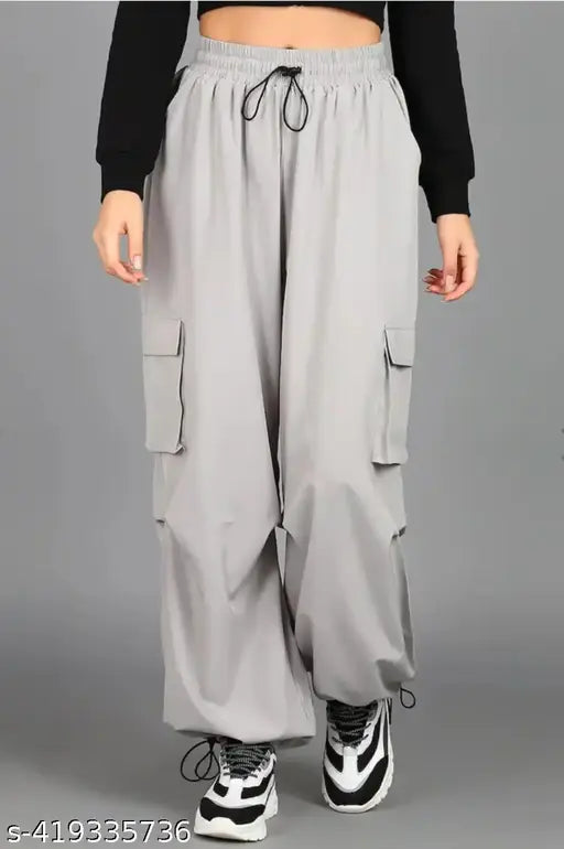 Gray cargo pants with drawstring waist
