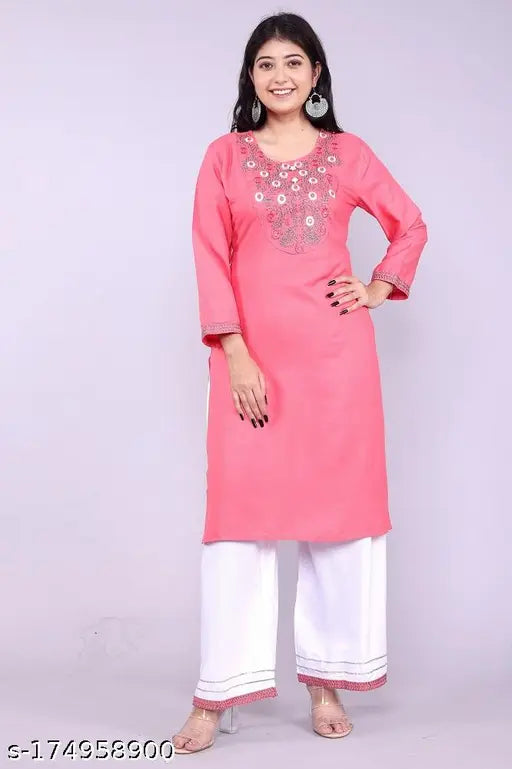 Embroidered rayon kurti set with palazzos and chiffon dupatta, Indian ethnic fashion for women in various sizes
