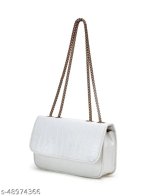 White croc leather slingbag with brown accents and multiple card slots