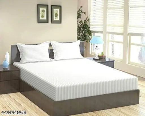 210 TC Glace Cotton Satin Striped Plain Bedsheet for Double with Two Pillow Covers for Home-Hotels-Guest House-White Color