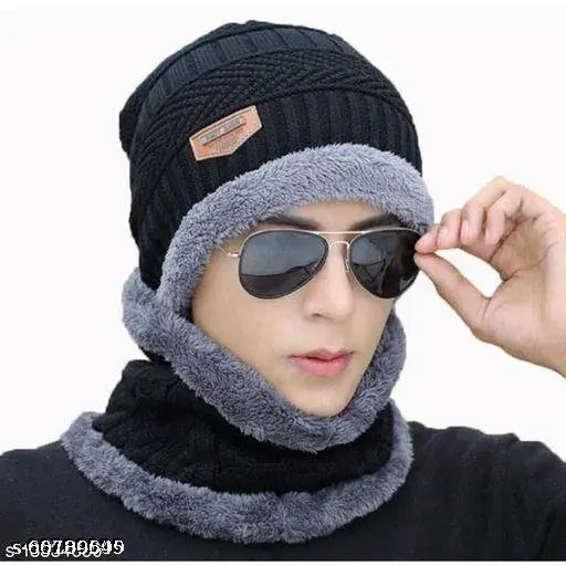 Woolen headwear with fur trim, adjustable snap closure