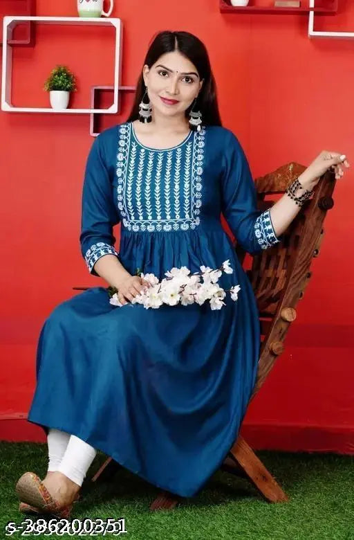 Rayon blue kurta for women with embroidery and front pocket