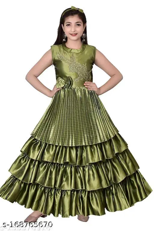 Green Silk Blend Pleated Gown, stylish kids wear short western dress by Rahima Garments (size: 3-4 Years)
