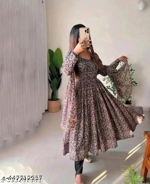 Georgette printed net long-sleeve women's gown, Urbane latest fashion on mannequin (S: bust 36in, length 50in, waist 34in; M: bust 38in, length 50in, waist 36in; L: bust 40in, length 50in, waist 38in; XL: bust 42in, length 50in, waist 40in; XXL: bust 44in, length 50in, waist 42in) made in India