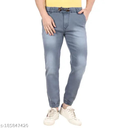Stylish cotton blend denim joggers for men, dyed/washed with waist size 28-36, perfect fit and comfort