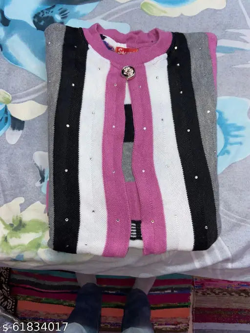 Pink, black and white striped woolen kurta