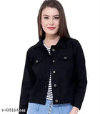 Black denim jacket with long sleeves, solid design, various sizes available from S to XL. Made in India