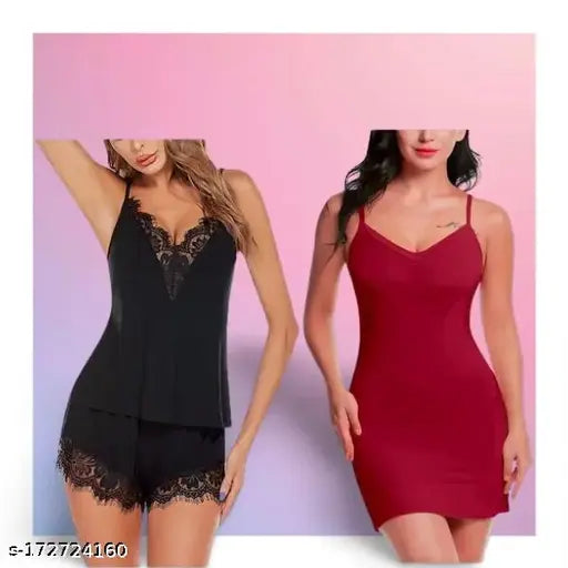 Black and maroon nylon babydoll nightdress with spaghetti strap top and short bottom, suitable for women and girls sizes 28-36