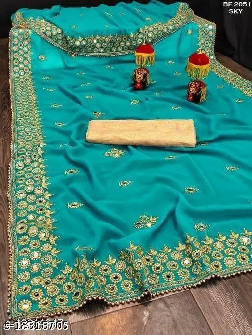 Trendy mirror saree, blue silk, gold border