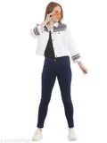 White denim jacket with navy white stripe and embroidered pattern, long sleeves, size N from India