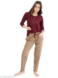 Pink cotton maroon heart-printed women's full sleeve pyjama nightsuit set, Lotik brand