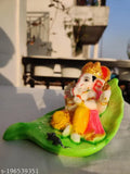 Marble, multicolored 5-inch Ganesh statue on pan leaf, elegant home decor item