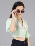 Mint green stretchable Georgette textured long-collared crop shirt top by Jakanary, perfect for everyday wear with solid design and three-quarter sleeves