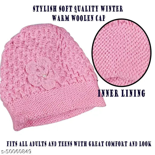 Pink round beanie with wool lining, inside fur unisex design, featuring a flower embroidery, for women's winter fashion