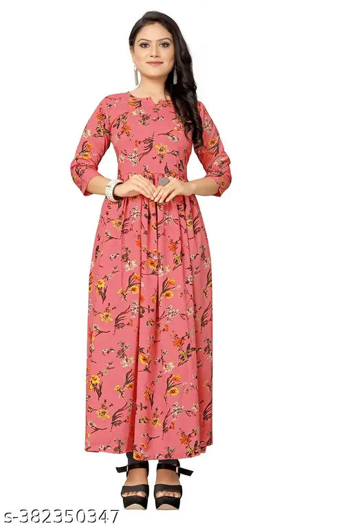 Anarkali crepe kurtis, printed combo, three-quarter sleeves, Indian fashion apparel on hanger