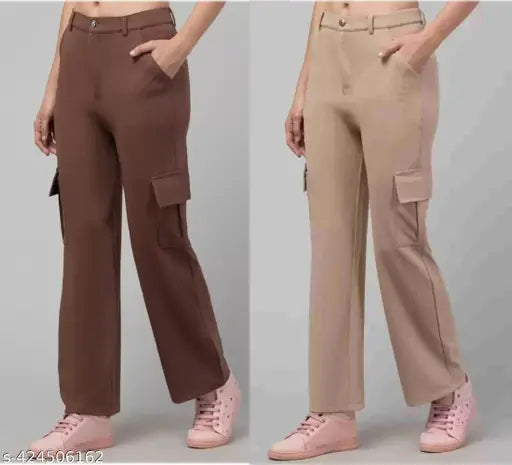 Brown cargo pants with multiple pockets and a zip closure