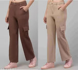 Brown cargo pants with multiple pockets and a zip closure