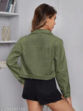 Dark green twill cotton blend women's jacket, collared neckline, two front pockets, buttoned, long sleeves, regular fit - Dimpy Garments
