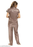 Brown stretchable satin lycra sleepwear set for women and girls, featuring elastic waist and side pockets