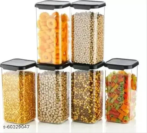 6 x Clear Plastic Storage Containers with Black Lids, perfect for pantry organization.