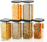 6 x Clear Plastic Storage Containers with Black Lids, perfect for pantry organization.