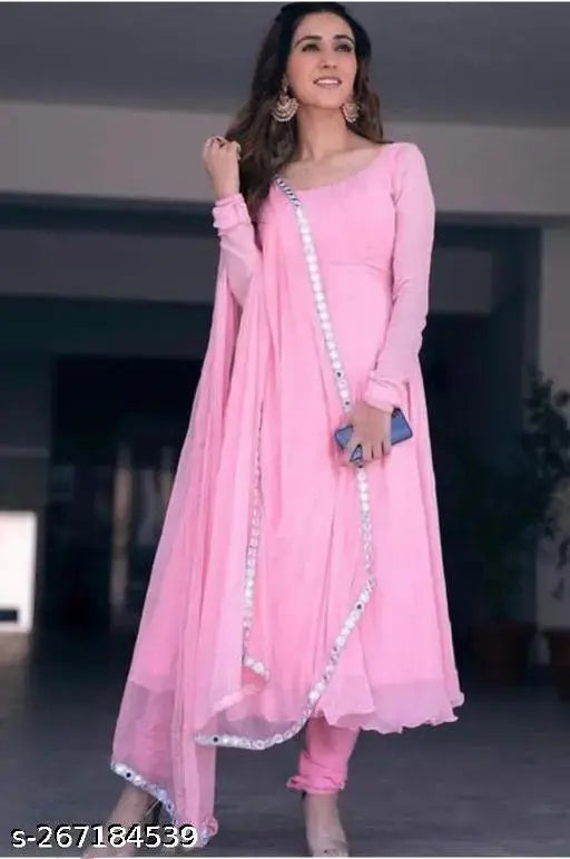 Pink Georgette gown with lace border dupatta, solid net pattern for women's formal wear, long sleeves, available in sizes XXS-XXXL