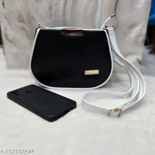 Trendy fashion sling bag in unique exotic piping style with adjustable strap for women and girls, black color