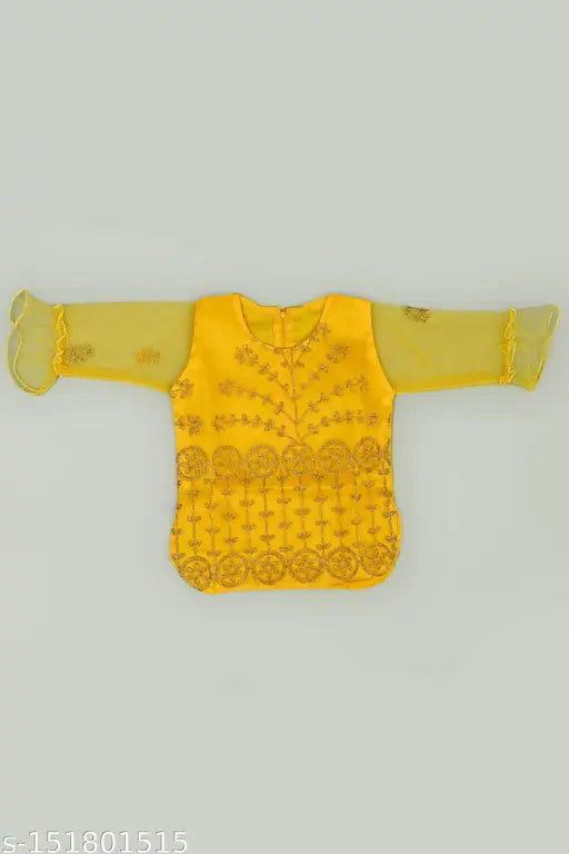 Embroidered kids net lehenga choli set, three-quarter sleeves, 6-12 months, Indian handcrafted traditional clothing