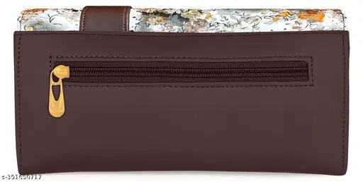 Brown leather hand clutch with a distinctive buckle