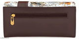 Brown leather hand clutch with a distinctive buckle