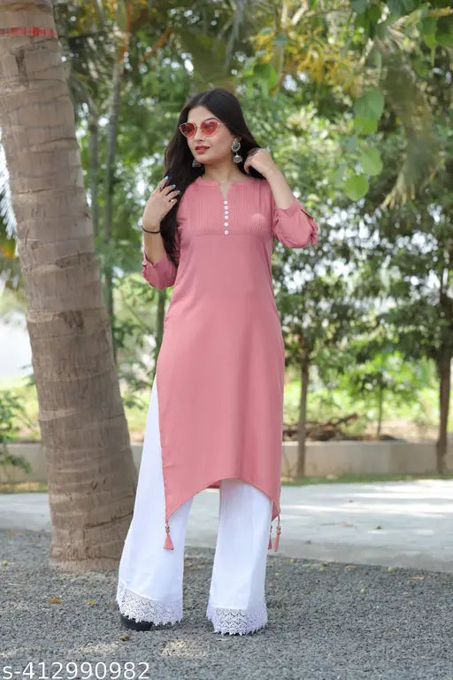 Rayon Kurta Plazzo set, solid pattern with three-quarter sleeves, Indian traditional clothing for women, single size available