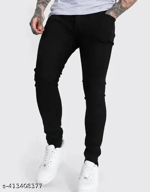 Stretchable denim solid black jeans, comfortable fit, versatile style, exceptional value. Size 28, 30, or 32 inches waist, 38, 39, or 40 inches length, 30, 32, or 34 inches hip. Indian-made denim apparel on mannequin