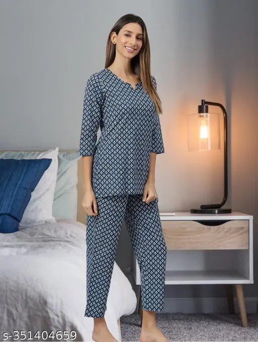 Women's cotton printed blue night suits set with long sleeves, made from Indian cotton cambric for comfort and style