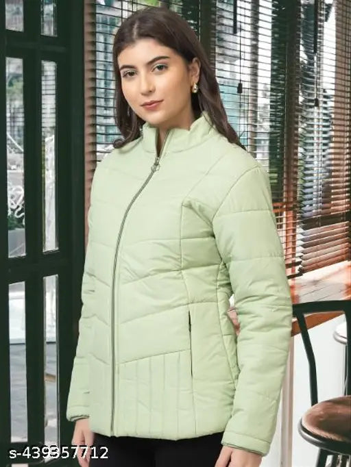 Navy nylon women's bomber jacket for winter, modern style with side zip pockets, made in India